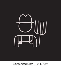 Granjero con icono de boceto vectorial de horquilla de cocina aislado en el fondo. Dibujó mano a Farmer con un ícono de horquilla. Agricultor con icono de boceto de horquilla para infografía, sitio web o aplicación.