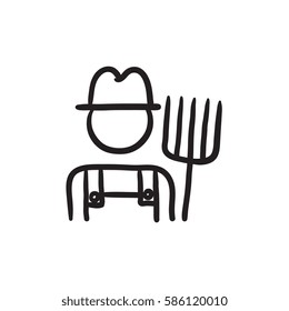 Farmer with pitchfork vector sketch icon isolated on background. Hand drawn Farmer with pitchfork icon. Farmer with pitchfork sketch icon for infographic, website or app.