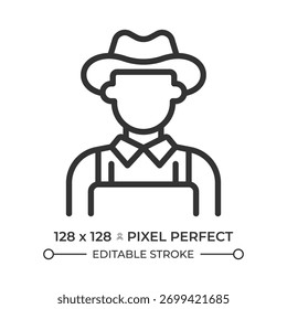 Farmer Pixel perfekte Linie Symbol. Bauernhof in Cowboy-Hut und Jumpsuit. Arbeiter in der Agrarindustrie. Isolierte Vektorgrafik. Umrisssymbol. Einfache lineare Zeichnung. Bearbeitbarer Strich