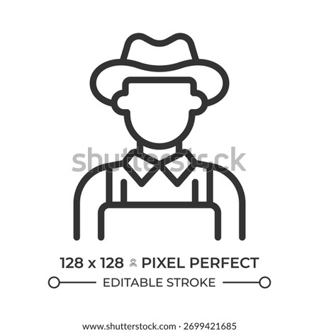 Farmer pixel perfect line icon. Farm owner in cowboy hat and jumpsuit. Agricultural industry worker. Isolated vector illustration. Outline symbol. Simple linear drawing. Editable stroke