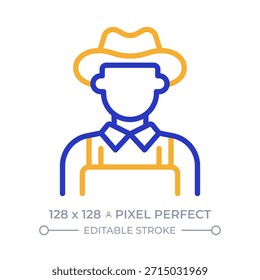 Farmer pixel perfect two color line icon. Farm owner in cowboy hat and jumpsuit. Agricultural industry worker bicolor outline symbol. Duotone linear pictogram. Isolated illustration. Editable stroke