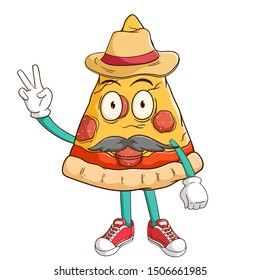 A farmer of pizza slice cartoon character with peace hand sign and funny smile face