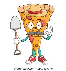 A farmer of pizza slice cartoon character holding a shovel with funny face