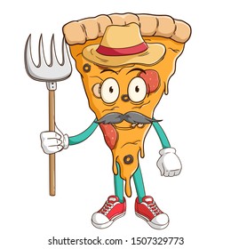 A farmer of pizza slice cartoon character holding a pitchfork with funny face