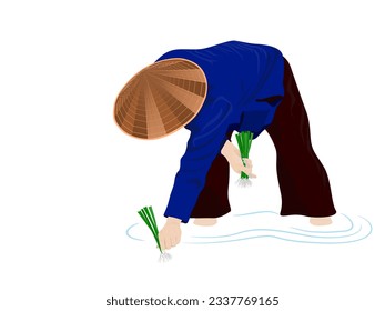 Farmer planting rice on a white background.