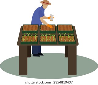 el agricultor plantando semilla en la caja del suelo, el trabajador macho sembrando semillas ilustraciones vectoriales, cultivando semillas de verduras en la mesa