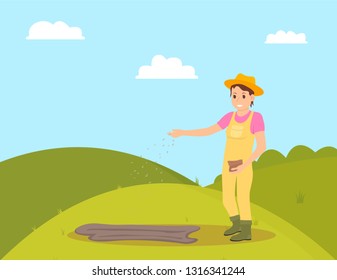 Farmer planting seeds on green field. Woman sowing seeds in ground, plantation of farm surrounded by nature and bushes. Farmland ranch work vector