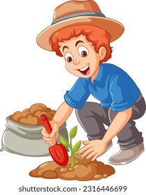 Farmer planting small plant on the ground isolated illustration