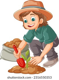 Farmer planting small plant on the ground isolated illustration