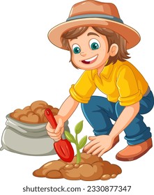 Farmer planting small plant on the ground isolated illustration