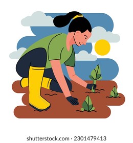 farmer planting tree on field flat design illustration