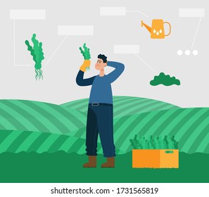 Farmer with plants in hands think how to take care of him. Color vector flat cartoon illustration.