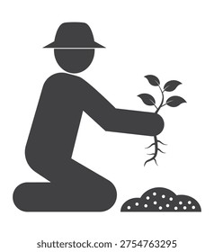 farmer plants a sprout with root in the ground gardering icon
