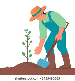 Farmer plants tree. Vector flat illustration
