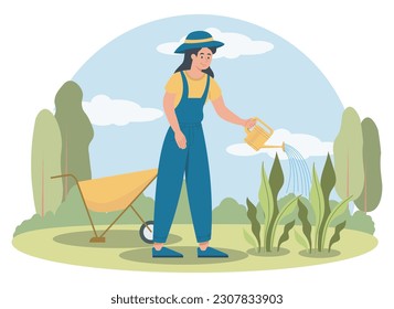 Farmer with plants. Woman in uniform waters vegetables and flowers. Young girl gardener next to plant transport cart. Botany and floristry, farming and agriculture. Cartoon flat vector illustration