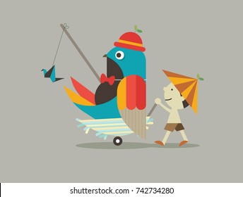 Farmer playing with a bird. Farmer Pushing Trolly. Natural Geometric Flat illustration.
