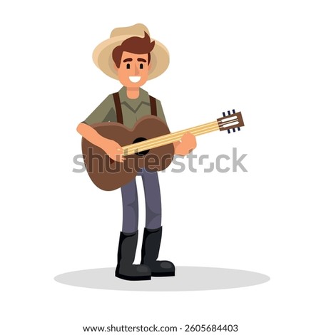farmer playing guitar, man in hat with musical instrument. vector illustration.