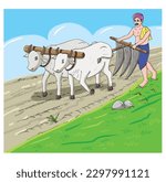 Farmer ploughing field with bullock cart clipart page for kids. Vector illustration for children. Vector illustration of farmer ploughing field with bullock cart on white background.

