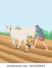 Farmer-Pflüglerfeld mit Stierkarren