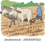 Farmer ploughing the fields with bullock cart