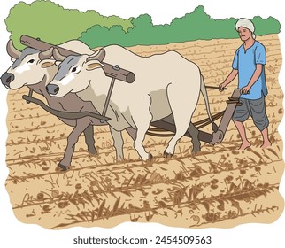 Farmer ploughing the fields with bullock cart