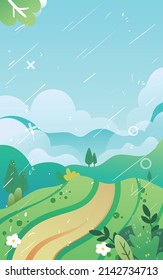 Farmer plowing in farmland on rainy day, vector illustration