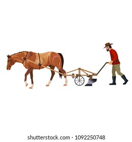 Farmer plowing field with horse. Vector illustration