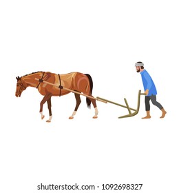 Farmer plowing field with horse. Vector illustration isolated on white background