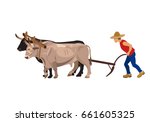 Farmer plowing field with pair oxen. Vector illustration