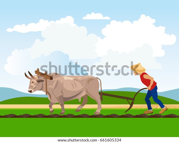 水田に牛を耕す農夫 ベクターイラスト のベクター画像素材 ロイヤリティフリー