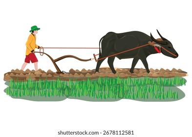 farmer plowing in paddy field vector design