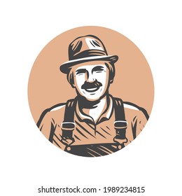 Farmer portrait, organic products logo. Agriculture, farm symbol. Vector sketch illustration