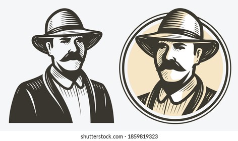 Farmer portrait sketch. Agriculture, farm symbol vintage vector illustration