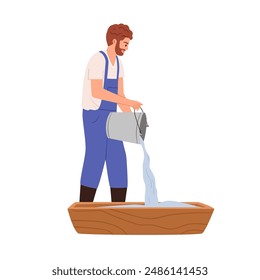 Farmer pouring water from bucket into wooden trough. Farm agriculture worker, man in overalls, daily rural county life. Countryside scene. Flat vector illustration isolated on white background