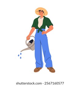 Farmer pouring with watering can, pot. Gardener in hat. Country rural worker farming, gardening. Horticulture, cultivation and agriculture work. Flat vector illustration isolated on white background