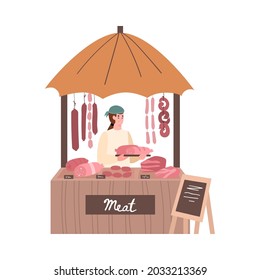 Farmer presenting his food production at street market or food festival, cartoon vector illustration isolated on white background. Vendor stall of meat products.