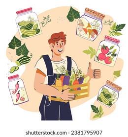 Farmer presents preserved flavors of homemade pickles and canned food, cartoon flat vector illustration isolated on a white. Vegetables harvest preservation by farmers, delicious canned food.