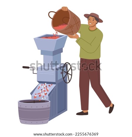 Farmer producing coffee, isolated character throwing beans into machine for grinding. Farm plantation and production, local business. Vector in flat style
