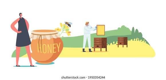 Farmer Producing Eco Product on Beekeeping Farm. Character Extracting Rapeseed Canola Honey, Apiary Production. Beekeeper in Protective Outfit Taking Honeycomb. Cartoon People Vector Illustration