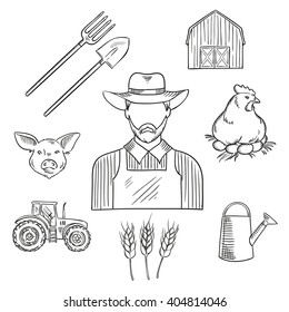 Farmer Profession Sketch For Agriculture Design With Bearded Man In Hat And Overalls, Encircled By Tractor, Barn, Wheat Plantings, Spade, Pitchfork And Watering Can, Chicken On Roost With Eggs And Pig