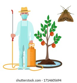Farmer in protective suit with manual pesticide sprayer. Apple tree with garden moth. Vector illustration isolated on white background