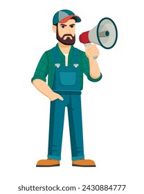 Farmer protest with placard and loudspeaker. Demonstration concept