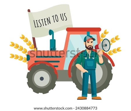 Farmer protest with placard and loudspeaker. Demonstration concept