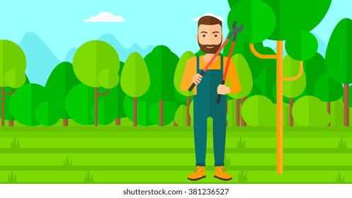 Farmer with pruner in garden.