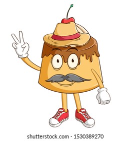 A farmer of pudding custard cartoon character with peace hand sign and funny smile face