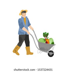 Farmer pulling wheelbarrow with vegetables. Autumn harvest. Flat cartoon illustration isolated on white background. Hand drawn vector character. Man farm worker.