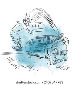 farmer pump pipe water flow equipment agriculture,Water from a well filled a pond for irrigation,Irrigation water from the source,Water flow from large pump tube in Farm, 
