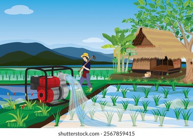 A farmer is pumping water from a pond into his rice field.vector design