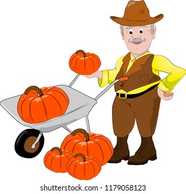 Farmer with pumpkins on white background