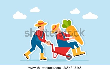 Farmer pushing another farmer carrying giant carrot with wheelbarrow illustration of teamwork in improving agricultural management efficiency